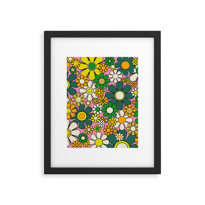 Retro 60s 70s Maximalist Floral Gingham Flowers Pattern in Green Pink Yellow Orange Framed Art Print Gallery Image 1