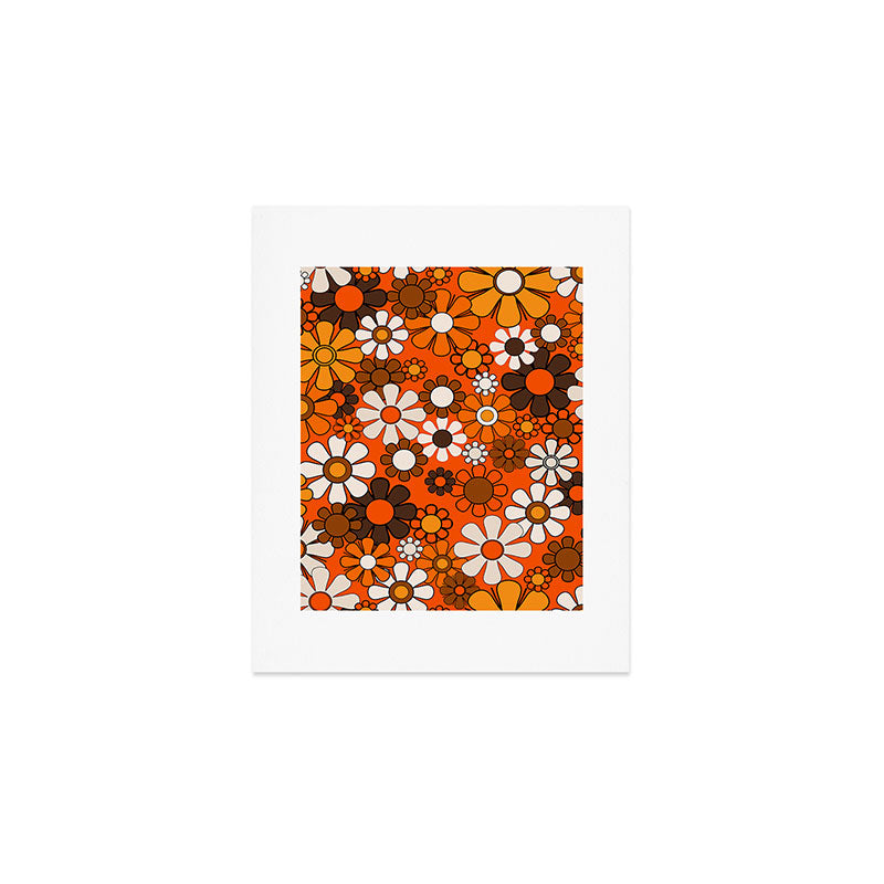 Retro 70s Floral Pattern Groovy Garden Flowers in Orange and Brown Art Print Gallery Image 1