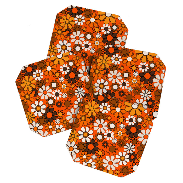 Retro 70s Floral Pattern Groovy Garden Flowers in Orange and Brown Coaster Gallery Image 1