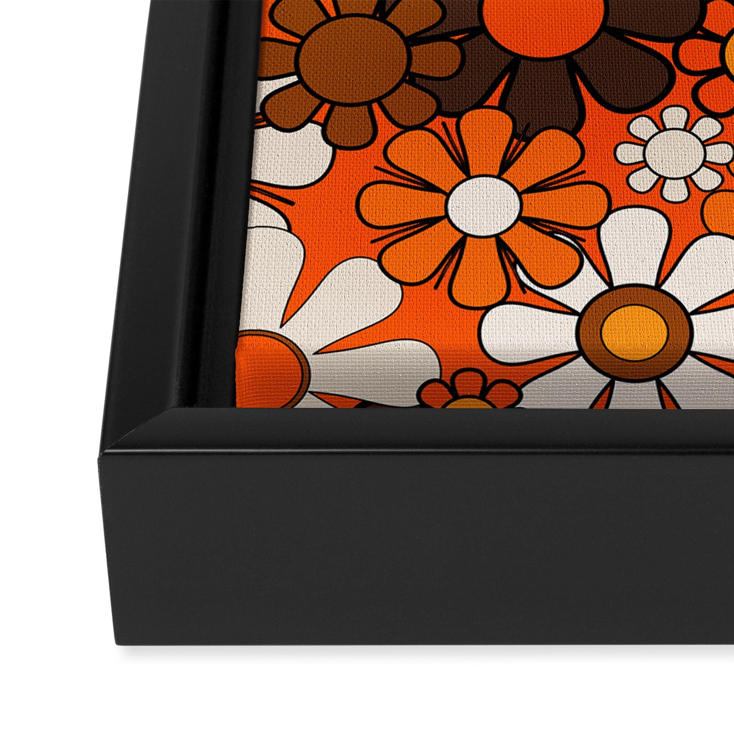 Retro 70s Floral Pattern Groovy Garden Flowers in Orange and Brown Framed Canvas Print Gallery Image 3