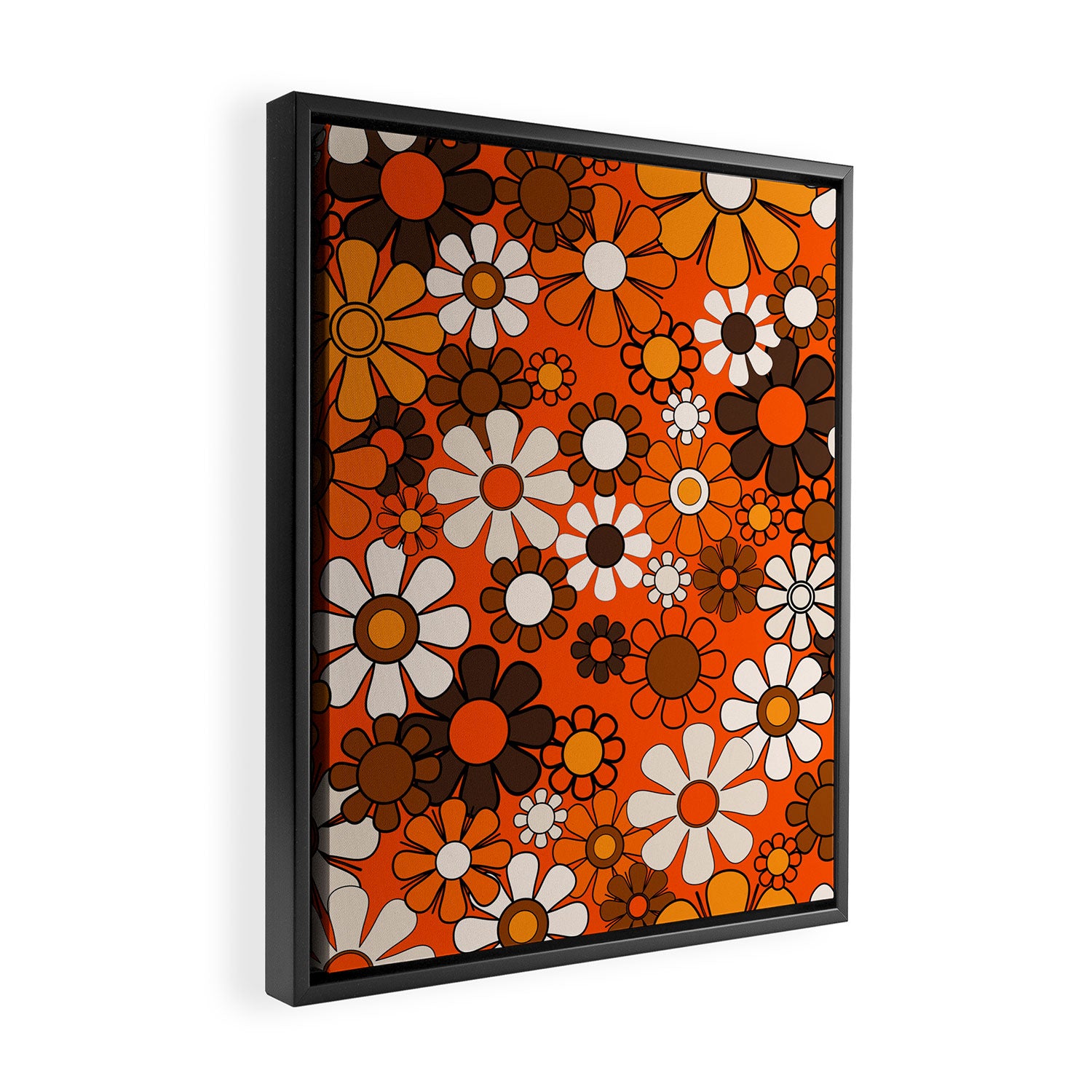 Retro 70s Floral Pattern Groovy Garden Flowers in Orange and Brown Framed Canvas Print Gallery Image 2