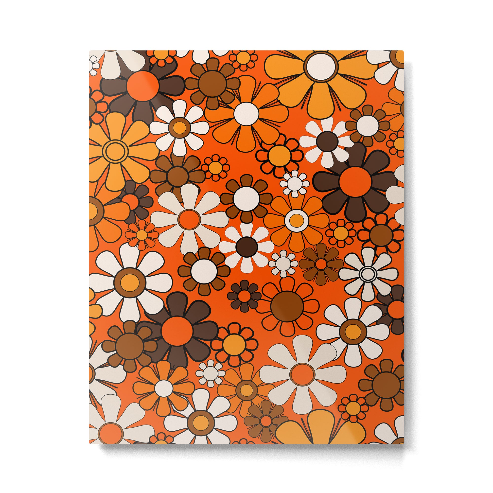 Retro 70s Floral Pattern Groovy Garden Flowers in Orange and Brown Metal Print Gallery Image 6