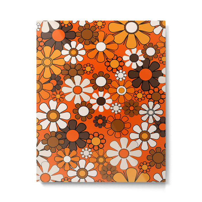 Retro 70s Floral Pattern Groovy Garden Flowers in Orange and Brown Metal Print Gallery Image 1