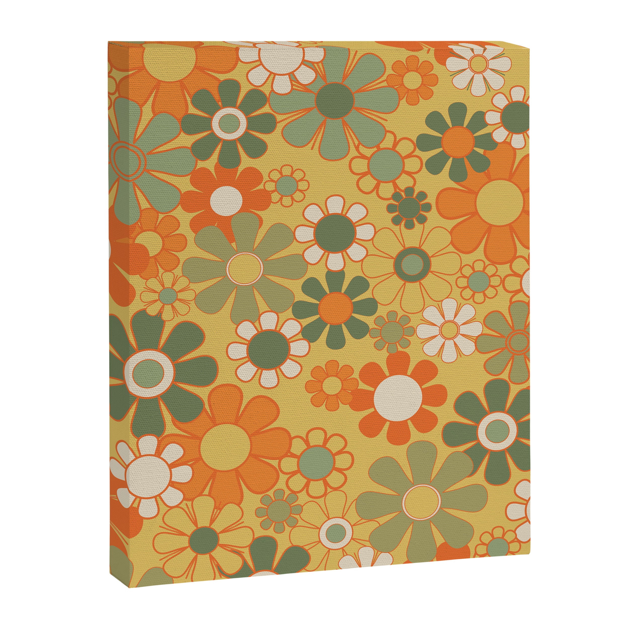 Retro 70s Floral Pattern in Mossy Sage Olive Green Orange Mustard Canvas Print Gallery Image 8