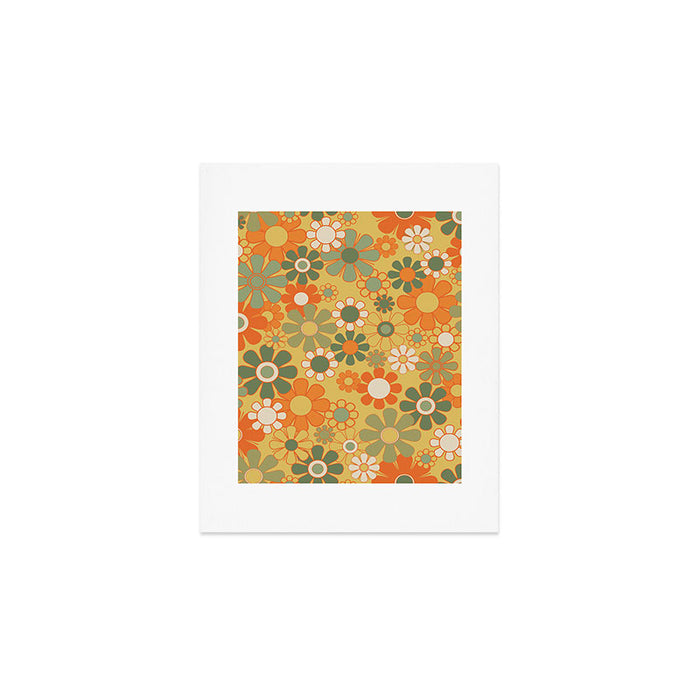 Retro 70s Floral Pattern in Mossy Sage Olive Green Orange Mustard Art Print Gallery Image 1