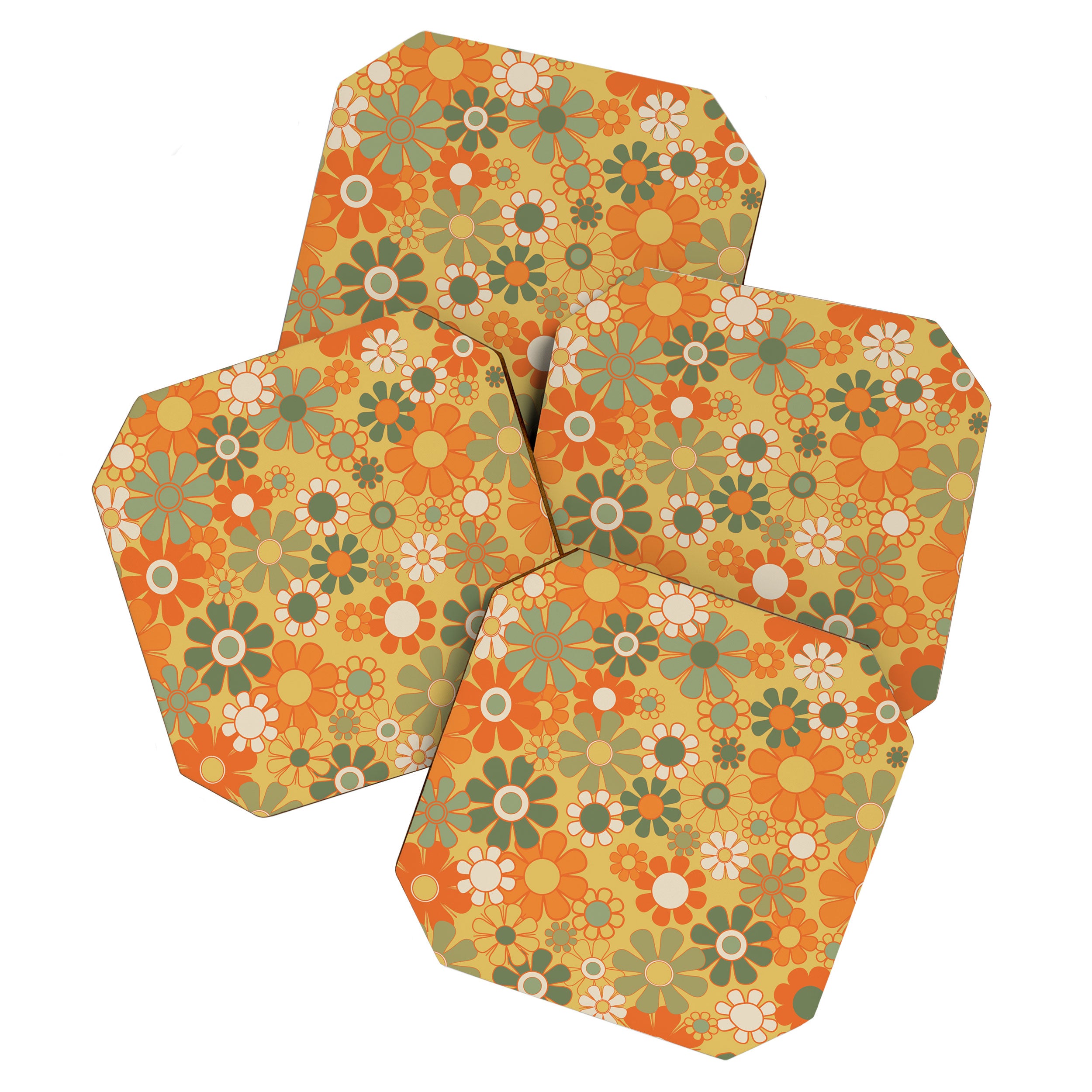 Retro 70s Floral Pattern in Mossy Sage Olive Green Orange Mustard Coaster Gallery Image 1