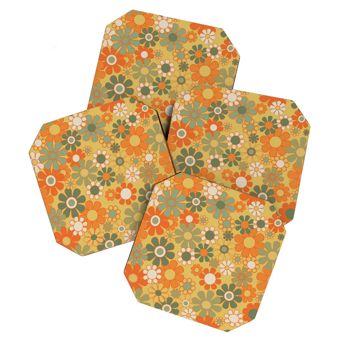 Retro 70s Floral Pattern in Mossy Sage Olive Green Orange Mustard Coaster Gallery Image 1