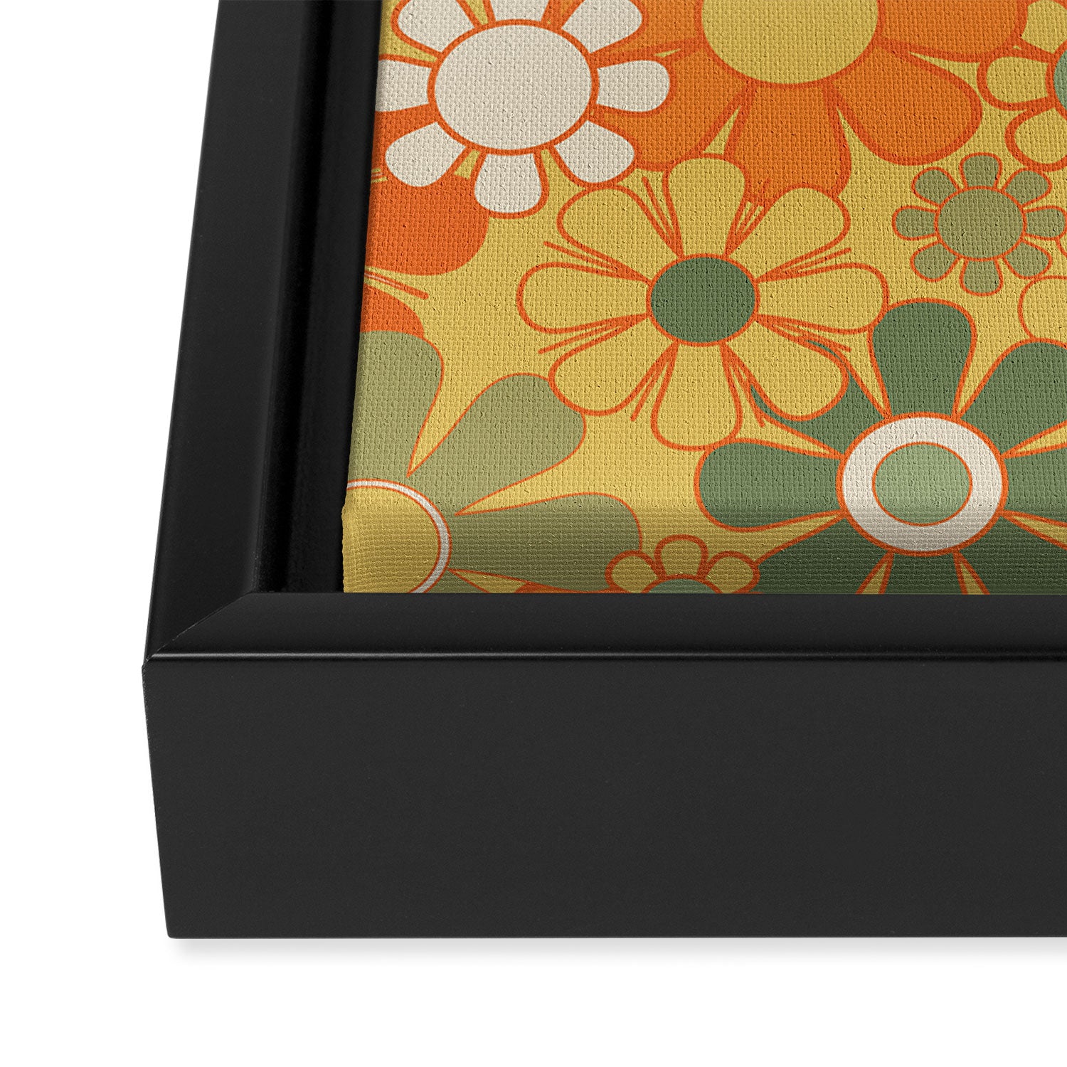 Retro 70s Floral Pattern in Mossy Sage Olive Green Orange Mustard Framed Canvas Print Gallery Image 3