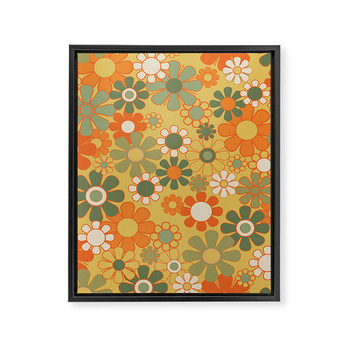 Retro 70s Floral Pattern in Mossy Sage Olive Green Orange Mustard Framed Canvas Print Gallery Image 1