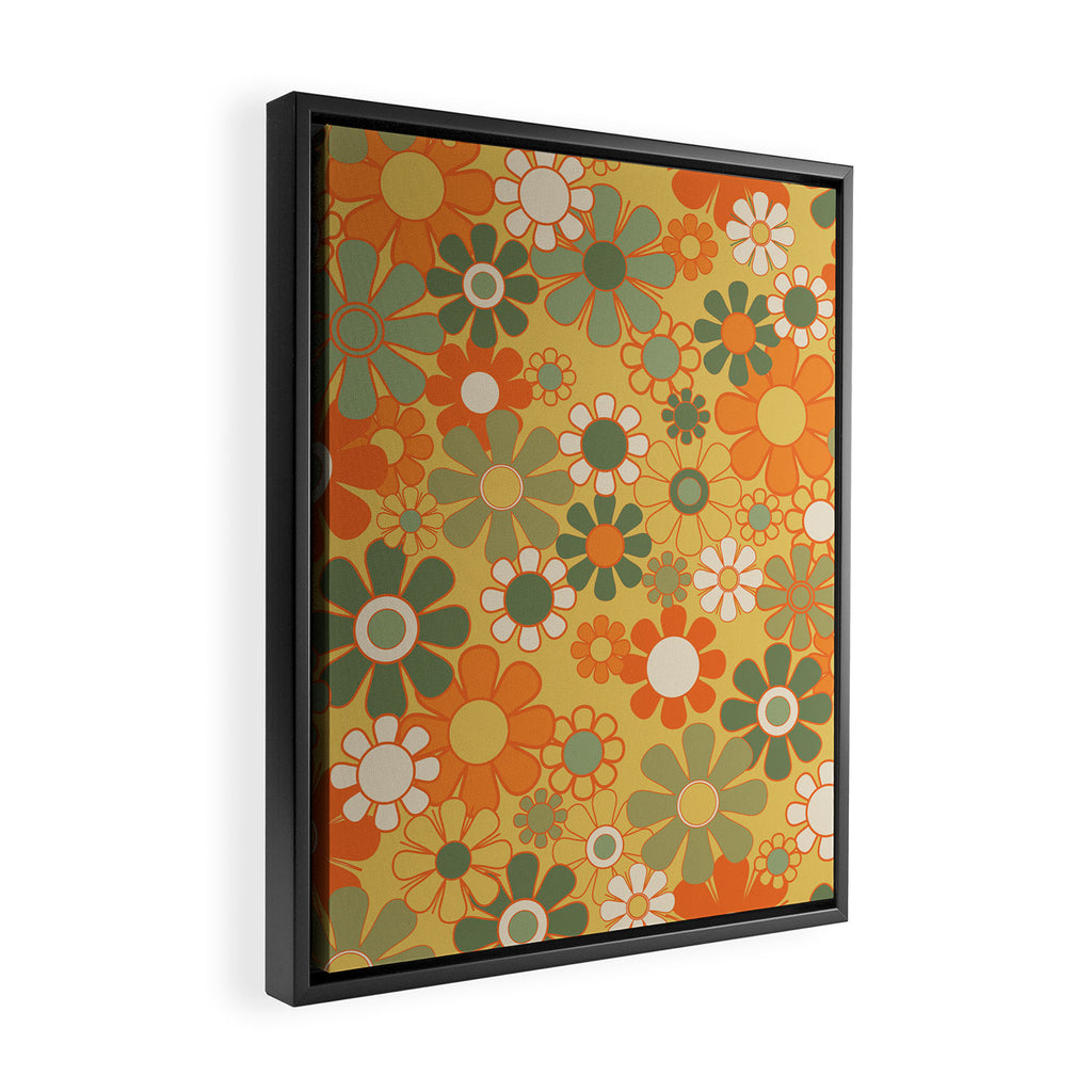 Retro 70s Floral Pattern in Mossy Sage Olive Green Orange Mustard Framed Canvas Print Gallery Image 2