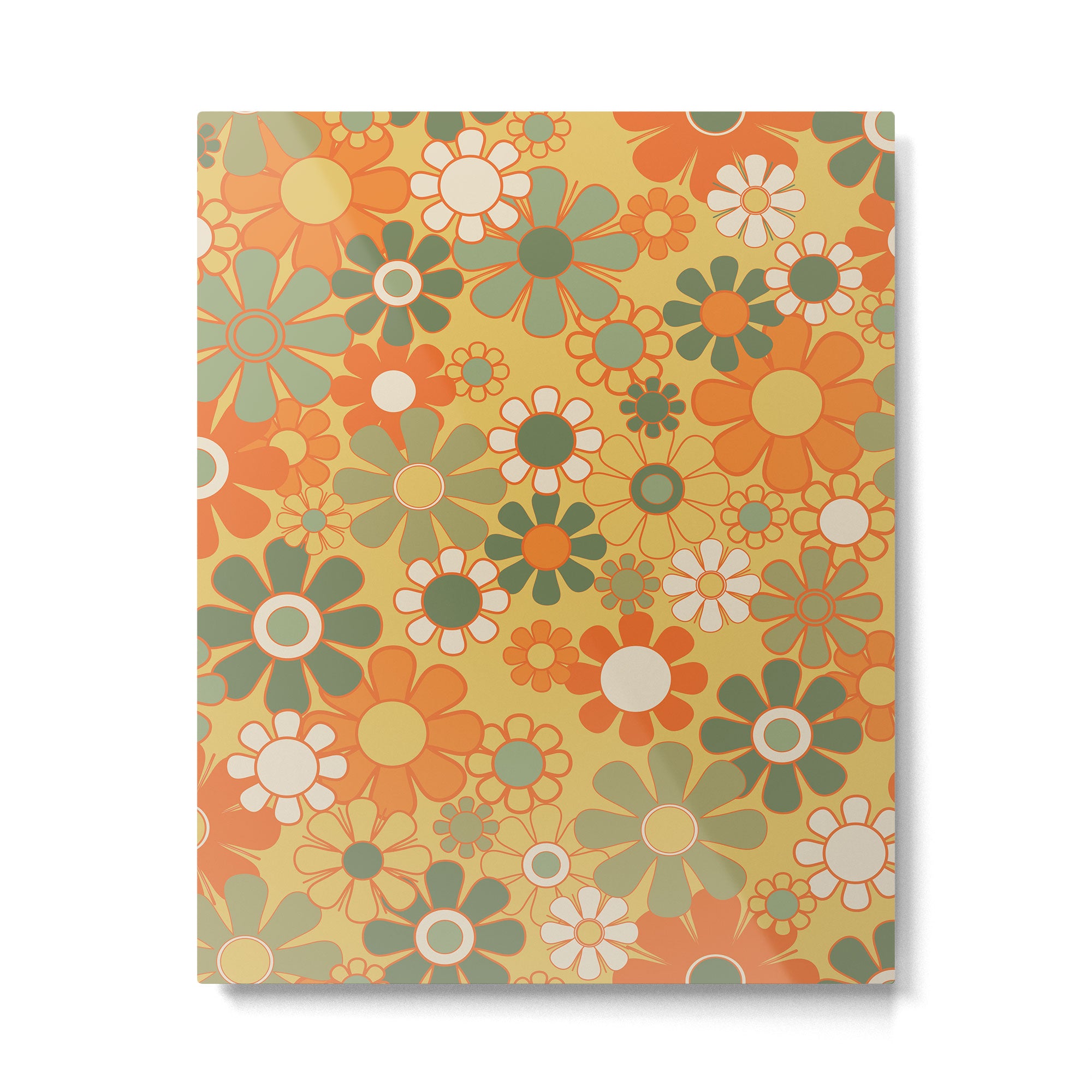 Retro 70s Floral Pattern in Mossy Sage Olive Green Orange Mustard Metal Print Gallery Image 6
