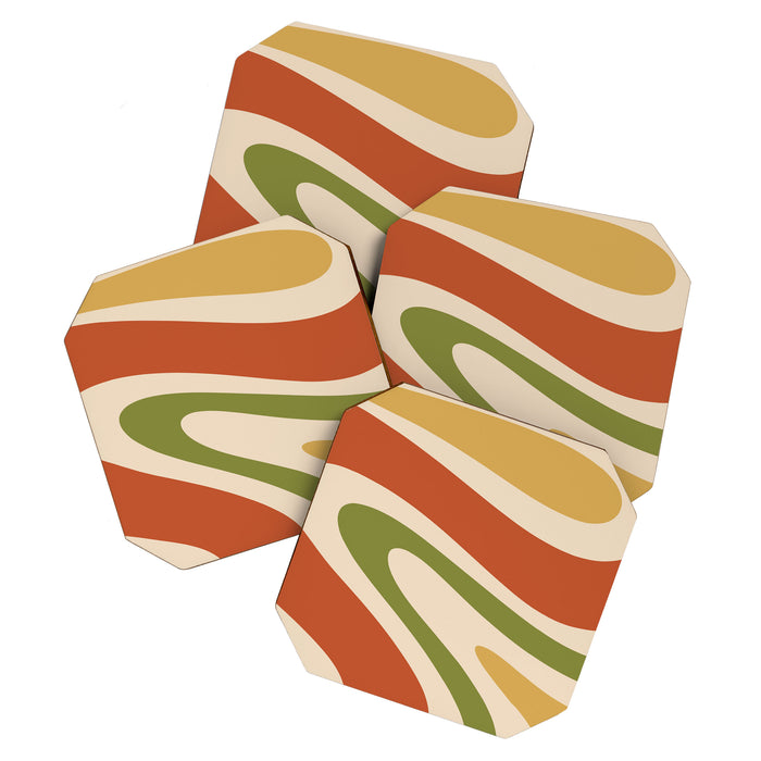 Retro 70s Swirls Abstract Pattern Burnt Orange Olive Mustard Beige Coaster Gallery Image 1
