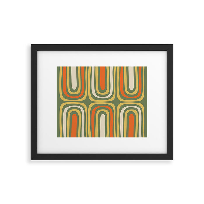 Retro Abstract Boho Confaab Pattern in Mossy Olive Green Orange Yellow Framed Art Print Gallery Image 1