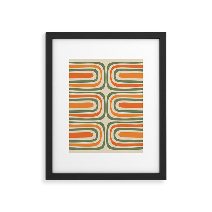 Retro Abstract Boho Confaab Vertical Pattern in Mossy Olive Green Orange Beige Framed Art Print Gallery Image 1
