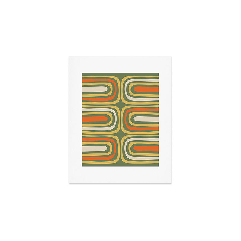Retro Abstract Boho Confaab Vertical Pattern in Mossy Olive Green Orange Yellow Art Print Gallery Image 1