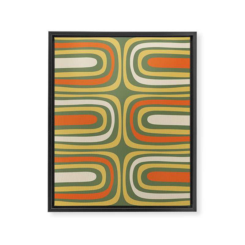 Retro Abstract Boho Confaab Vertical Pattern in Mossy Olive Green Orange Yellow Framed Canvas Print Gallery Image 6