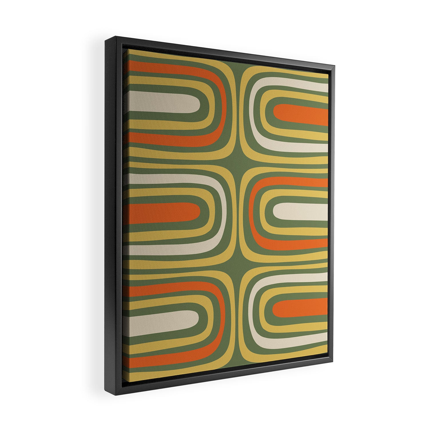 Retro Abstract Boho Confaab Vertical Pattern in Mossy Olive Green Orange Yellow Framed Canvas Print Gallery Image 2