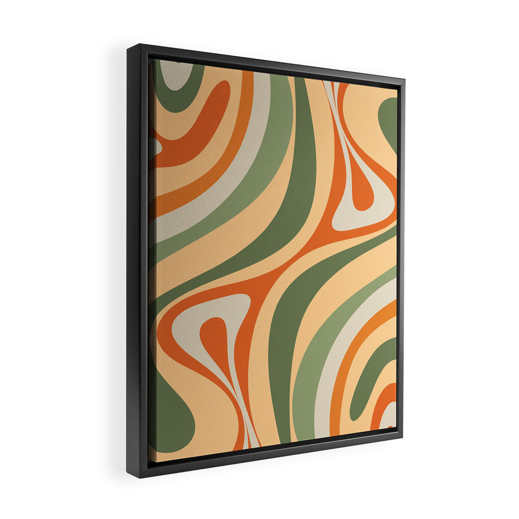 Retro Abstract New Groove Swirl Pattern in Mossy Sage Olive Green Apricot Orange Framed Canvas Print Gallery Image 2