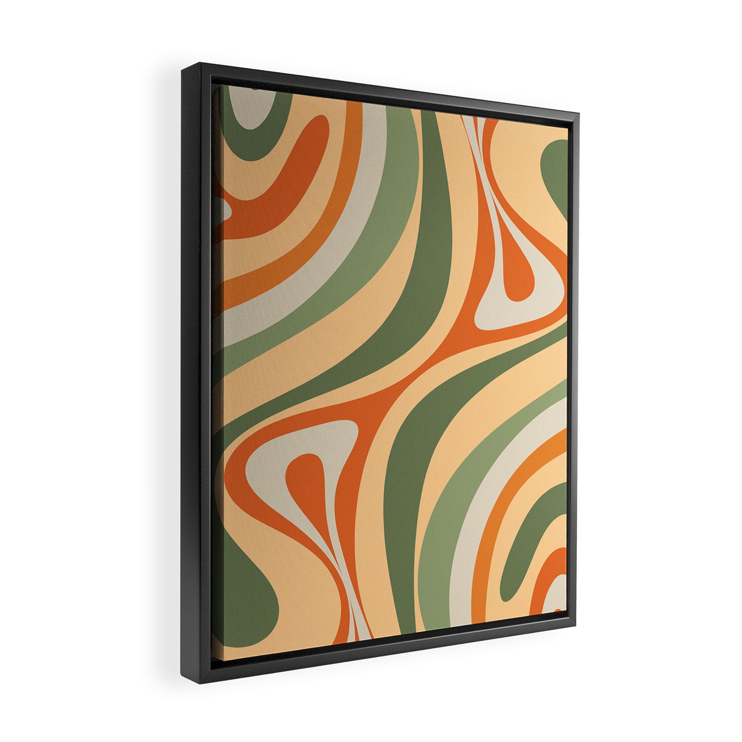 Retro Abstract New Groove Swirl Pattern in Mossy Sage Olive Green Apricot Orange Framed Canvas Print Gallery Image 2