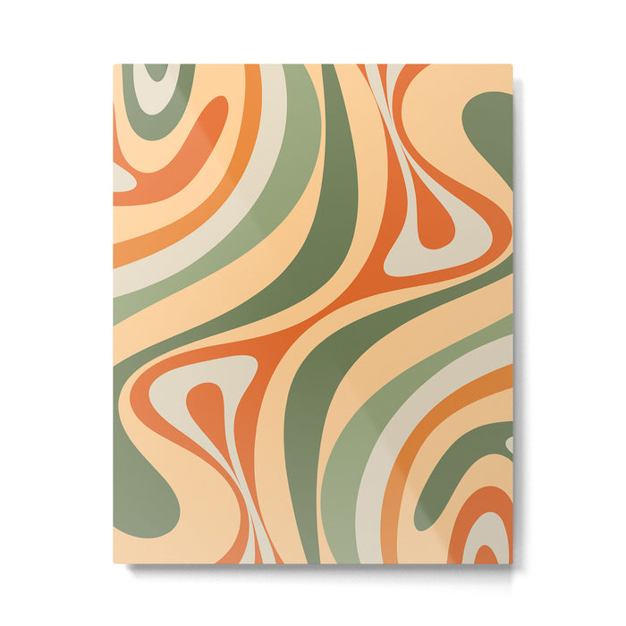 Retro Abstract New Groove Swirl Pattern in Mossy Sage Olive Green Apricot Orange Metal Print Gallery Image 1