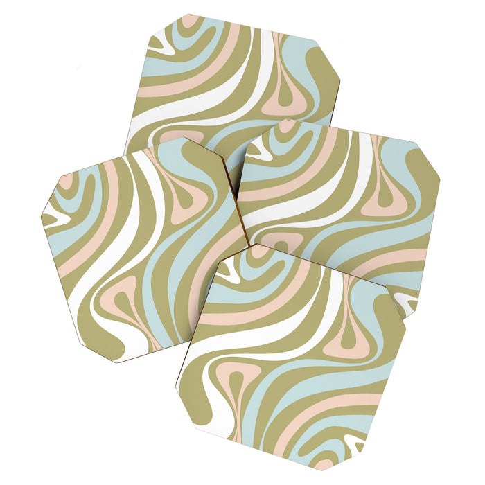 Retro Abstract New Groove Swirl Pattern Soft Sage Green Light Blue Coaster Gallery Image 1