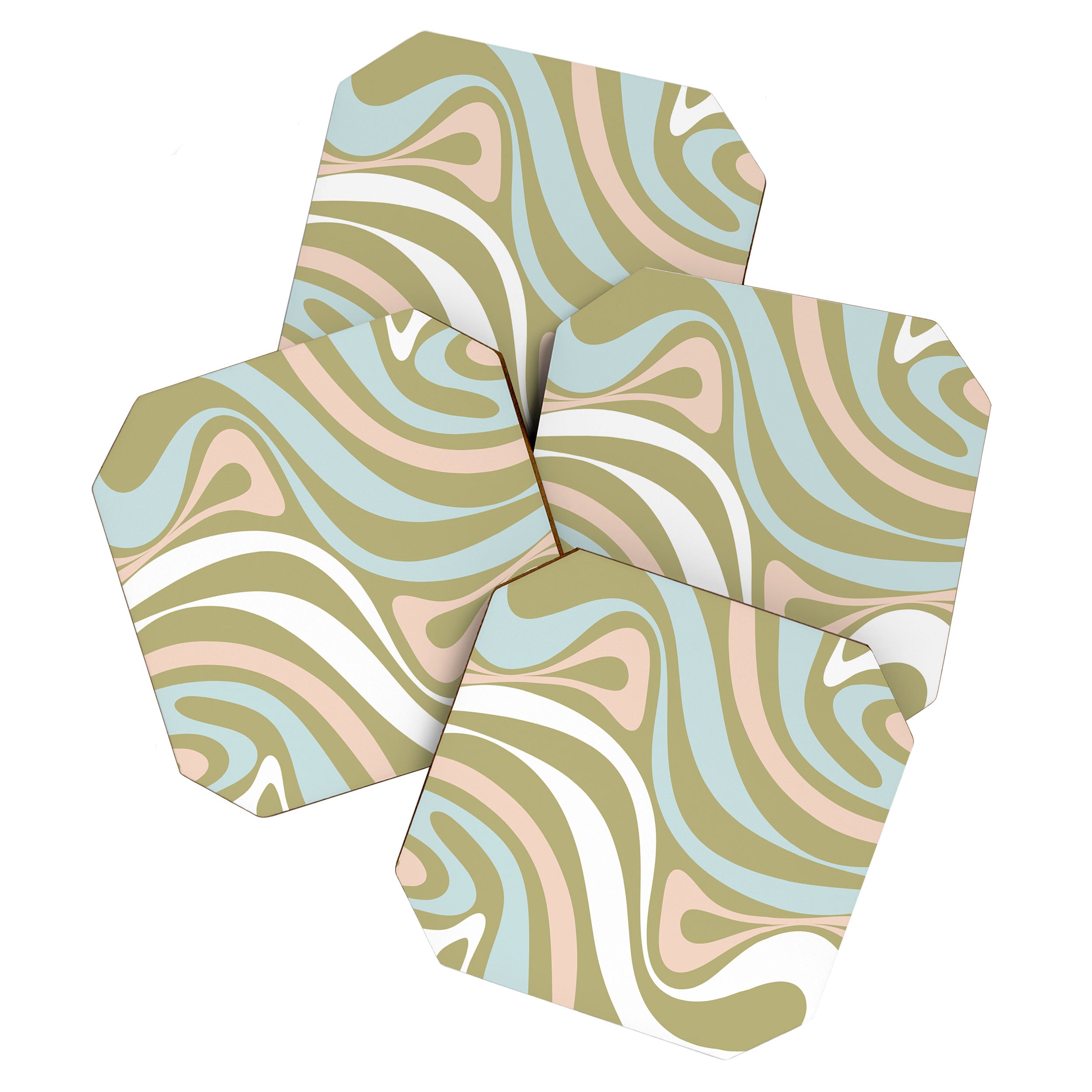 Retro Abstract New Groove Swirl Pattern Soft Sage Green Light Blue Coaster Gallery Image 1