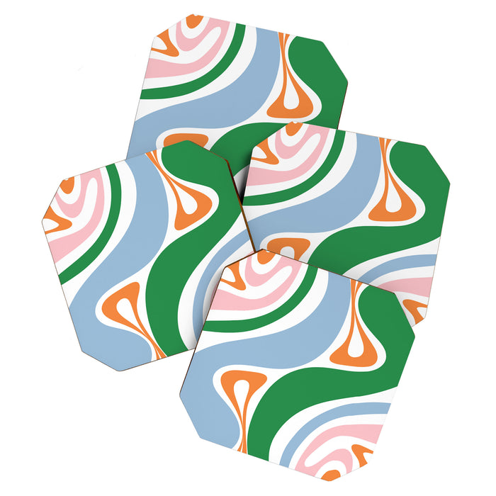 Retro Abstract New Groove Trippy Boho Pattern Green Baby Blue Orange Pink White Coaster Gallery Image 1