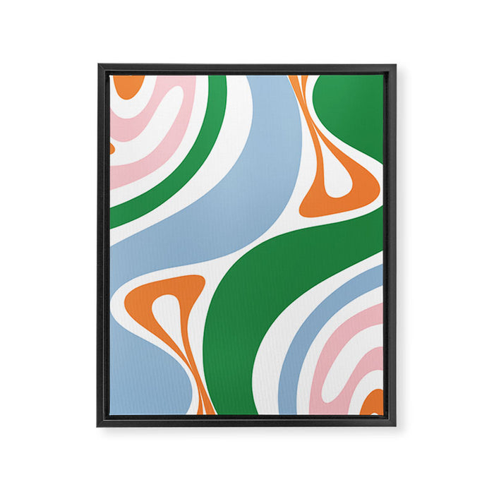 Retro Abstract New Groove Trippy Boho Pattern Green Baby Blue Orange Pink White Framed Canvas Print Gallery Image 1
