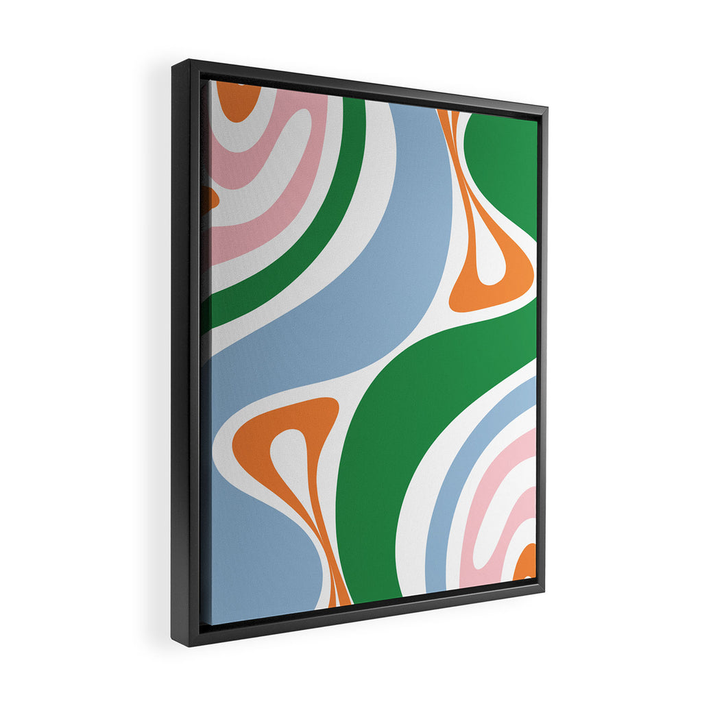 Retro Abstract New Groove Trippy Boho Pattern Green Baby Blue Orange Pink White Framed Canvas Print Gallery Image 2