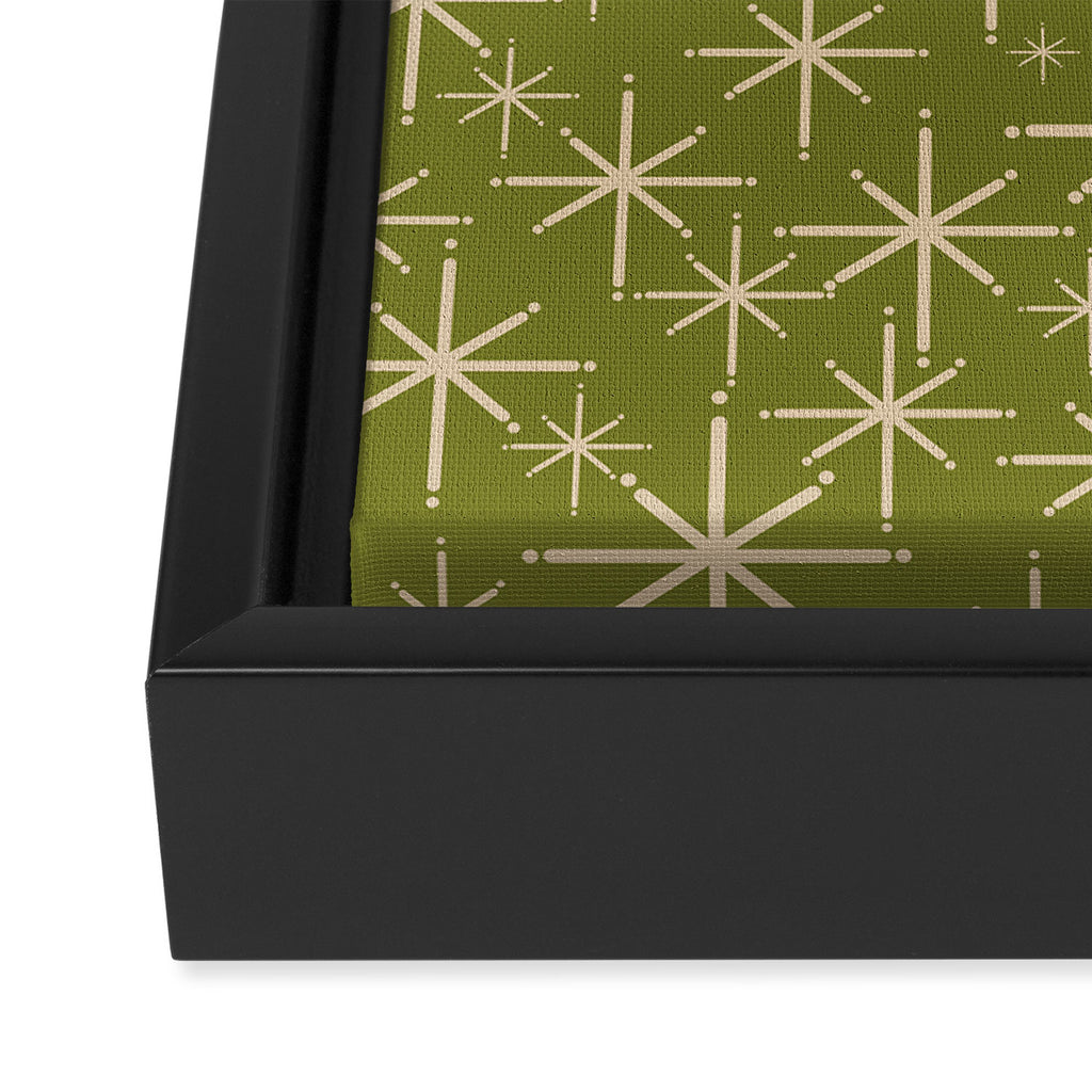 Retro Atomic Twinkling Starburst Pattern in Midcentury Modern Olive Green and Beige Framed Canvas Print Gallery Image 3
