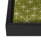 Retro Atomic Twinkling Starburst Pattern in Midcentury Modern Olive Green and Beige Framed Canvas Print Gallery Image 3
