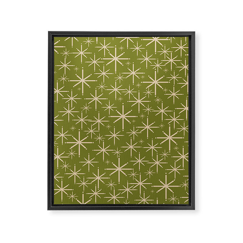 Retro Atomic Twinkling Starburst Pattern in Midcentury Modern Olive Green and Beige Framed Canvas Print Gallery Image 8