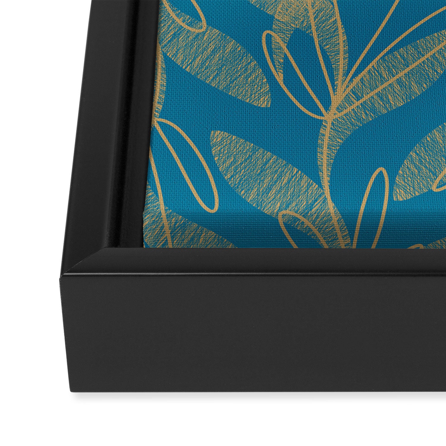 Retro Botanical Pattern in Gold and Peacock Blue Framed Canvas Print Gallery Image 3
