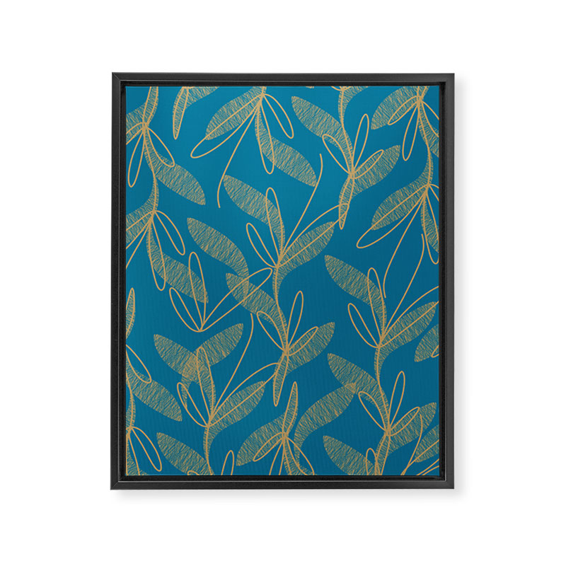 Retro Botanical Pattern in Gold and Peacock Blue Framed Canvas Print Gallery Image 8