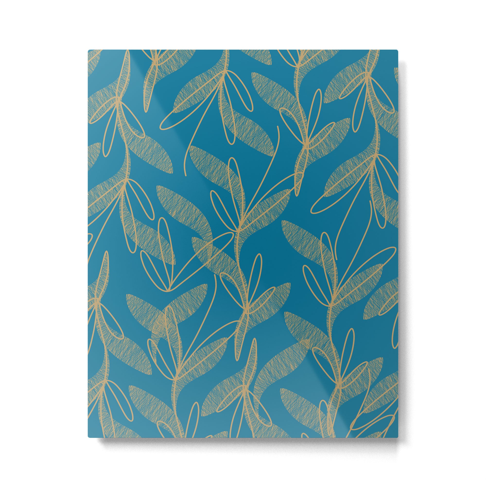 Retro Botanical Pattern in Gold and Peacock Blue Metal Print Gallery Image 6