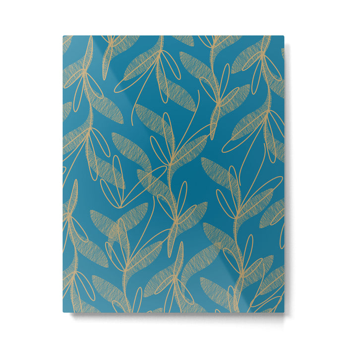 Retro Botanical Pattern in Gold and Peacock Blue Metal Print Gallery Image 1