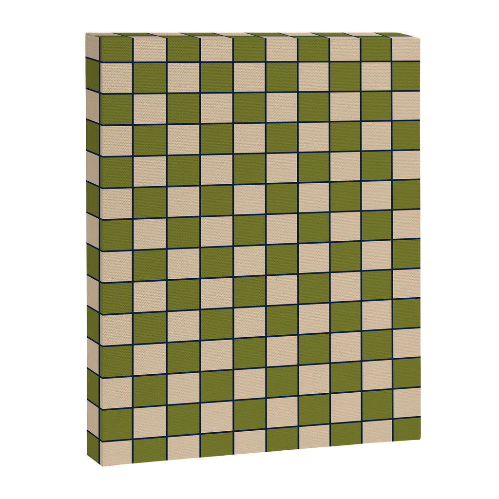Retro Check Grid Pattern in Midcentury Modern Olive Green Navy Blue Beige Canvas Print Gallery Image 8