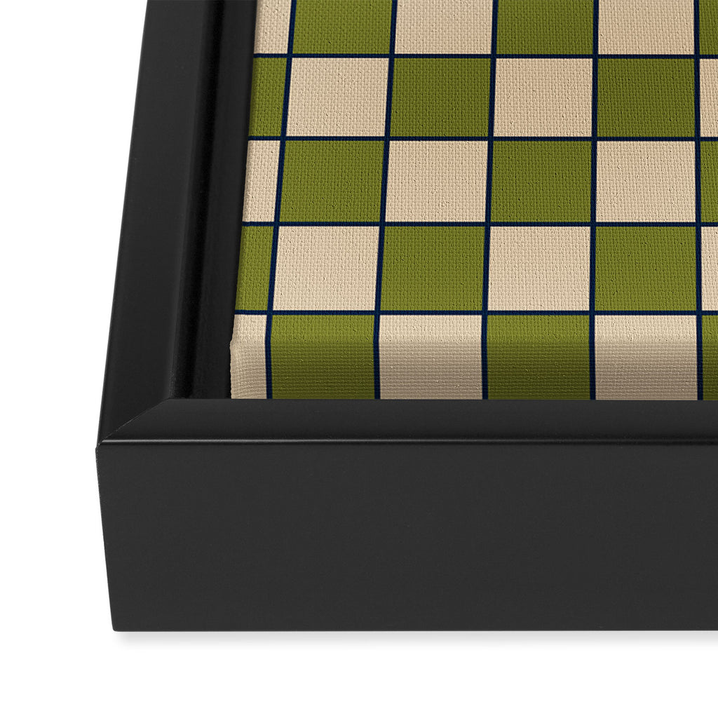 Retro Check Grid Pattern in Midcentury Modern Olive Green Navy Blue Beige Framed Canvas Print Gallery Image 3