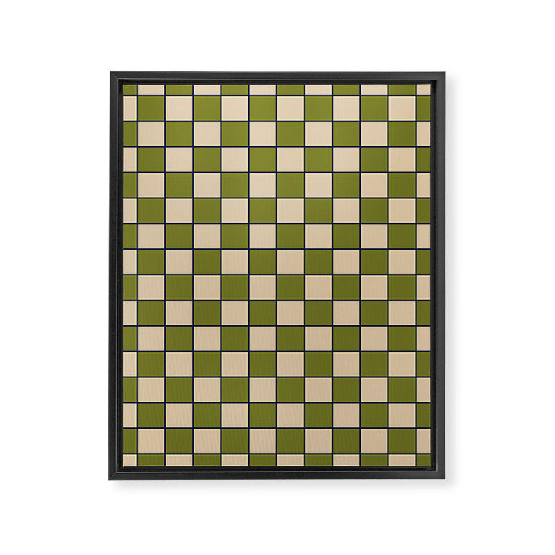 Retro Check Grid Pattern in Midcentury Modern Olive Green Navy Blue Beige Framed Canvas Print Gallery Image 8