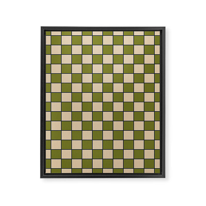 Retro Check Grid Pattern in Midcentury Modern Olive Green Navy Blue Beige Framed Canvas Print Gallery Image 1