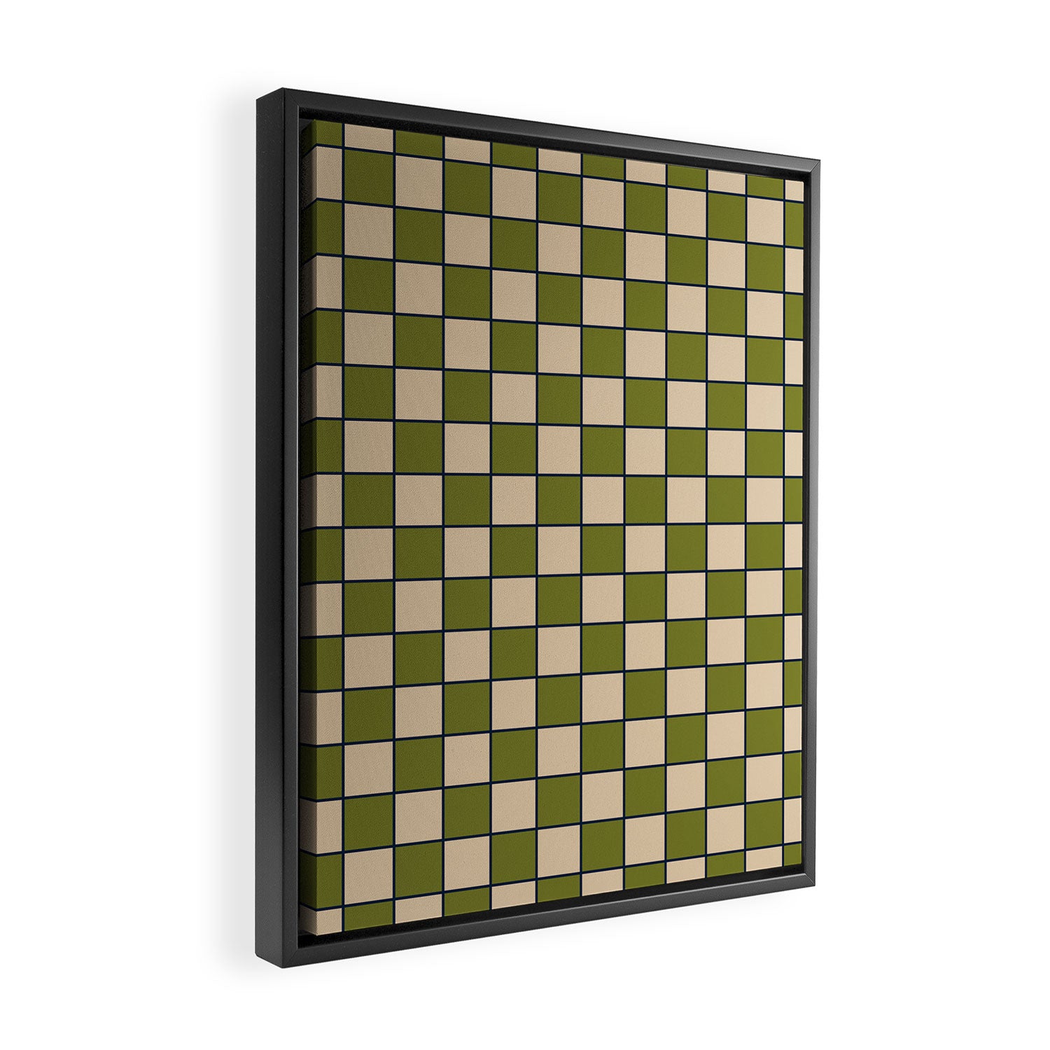 Retro Check Grid Pattern in Midcentury Modern Olive Green Navy Blue Beige Framed Canvas Print Gallery Image 2