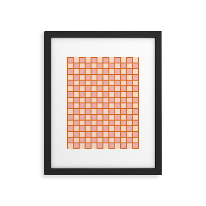 Retro Check Thick Grid Pattern in Pink Orange Cream Framed Art Print Gallery Image 1