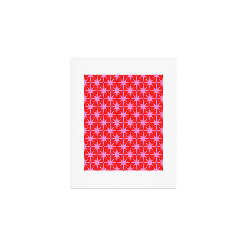 Retro Christmas Atomic Stars Mid Century Modern Pattern in Preppy Pink and Red Art Print Gallery Image 1