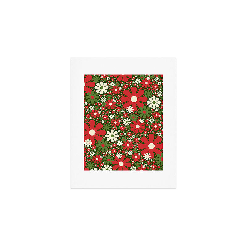 Retro Christmas Floral Fantasy Red Green Cream Art Print Gallery Image 1