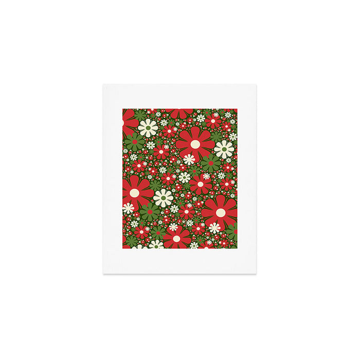 Retro Christmas Floral Fantasy Red Green Cream Art Print Gallery Image 1