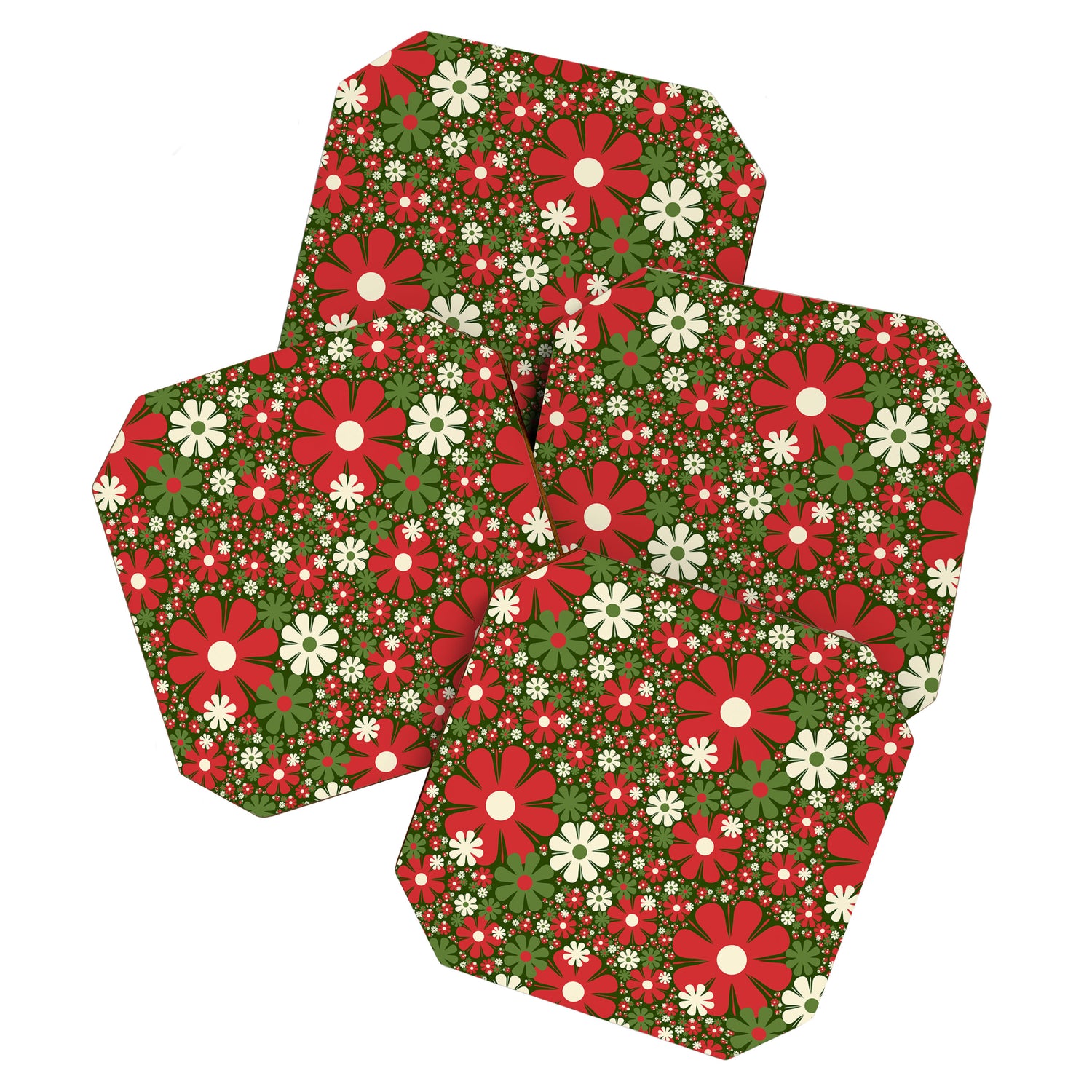 Retro Christmas Floral Fantasy Red Green Cream Coaster Gallery Image 1
