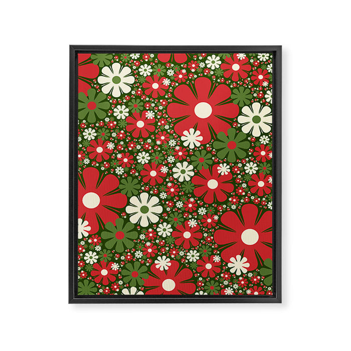 Retro Christmas Floral Fantasy Red Green Cream Framed Canvas Print Gallery Image 1
