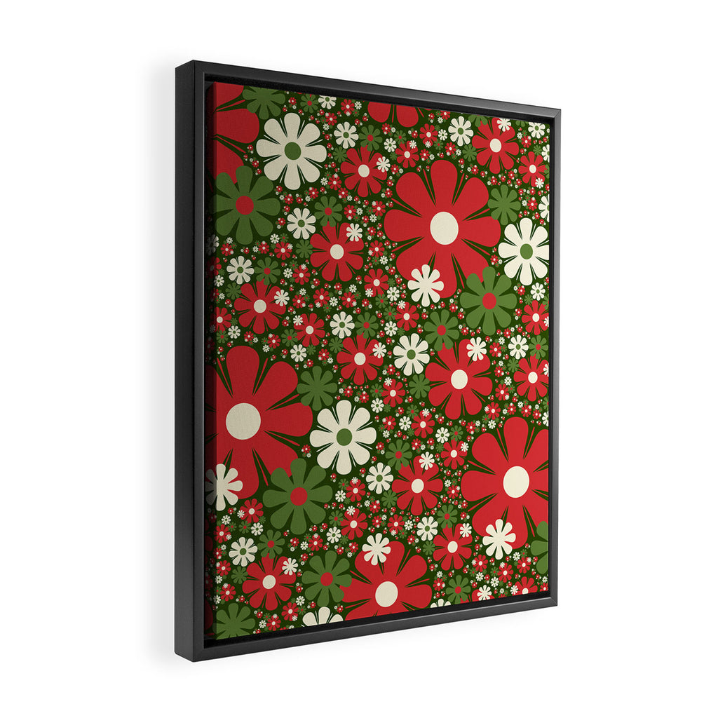 Retro Christmas Floral Fantasy Red Green Cream Framed Canvas Print Gallery Image 2
