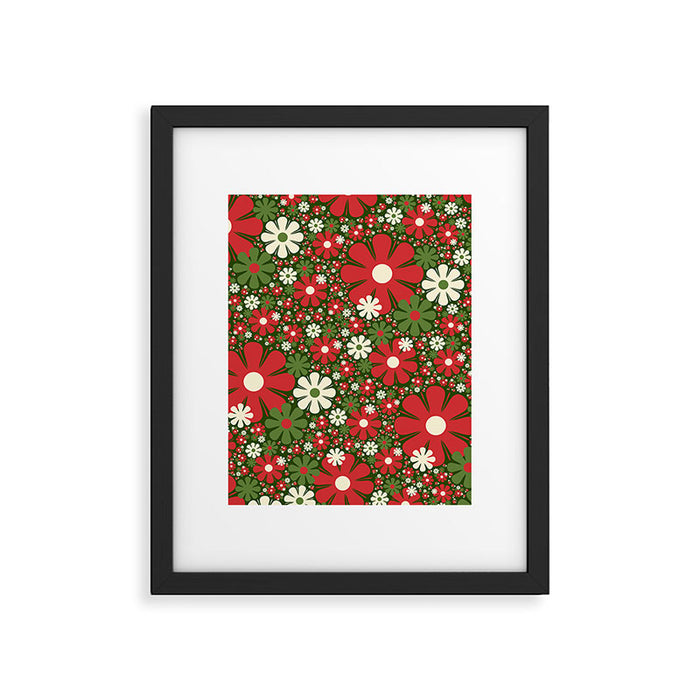 Retro Christmas Floral Fantasy Red Green Cream Framed Art Print Gallery Image 1