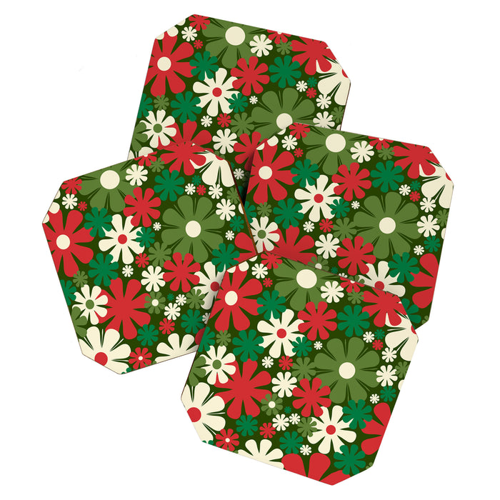 Retro Christmas Flowers 60s 70s Aesthetic Floral Pattern in Vintage Green Red Cream Coaster Gallery Image 1